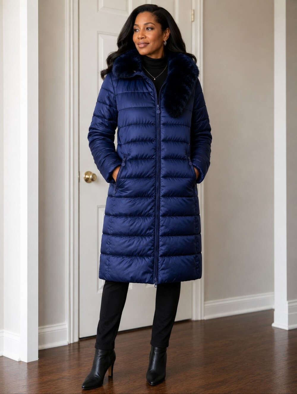 HULILONG Women's Jewel Navy Blue Quilted Puffer Coat w/ Faux Fur Collar-Size: L
